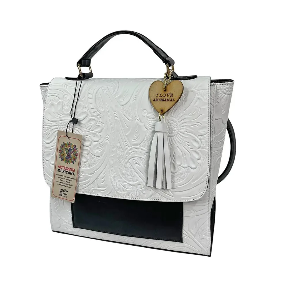 LEATHER Black & White BACKPACK Embossed Tooled Artisan Shoulder Bag Purse Hobo